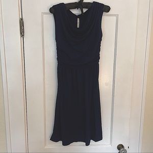 Navy blue cowl neck fit and flair dress